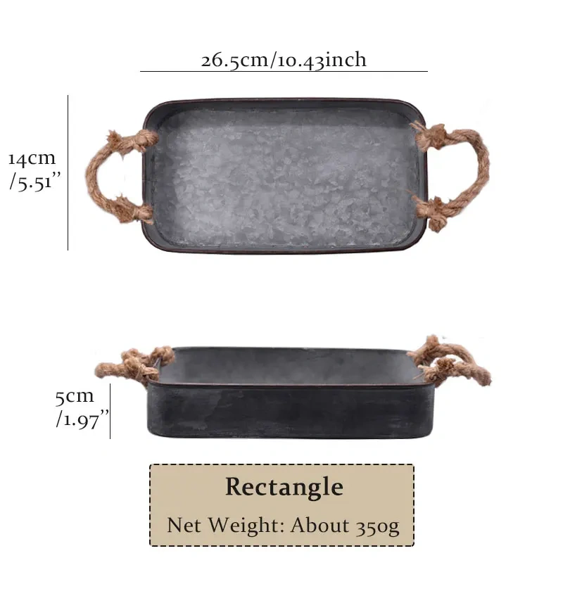 Vintage Metal Trays Country Style Rectangular Square Plate Food Bread Photography Props Retro Iron Tray with Hemp Rope Handle