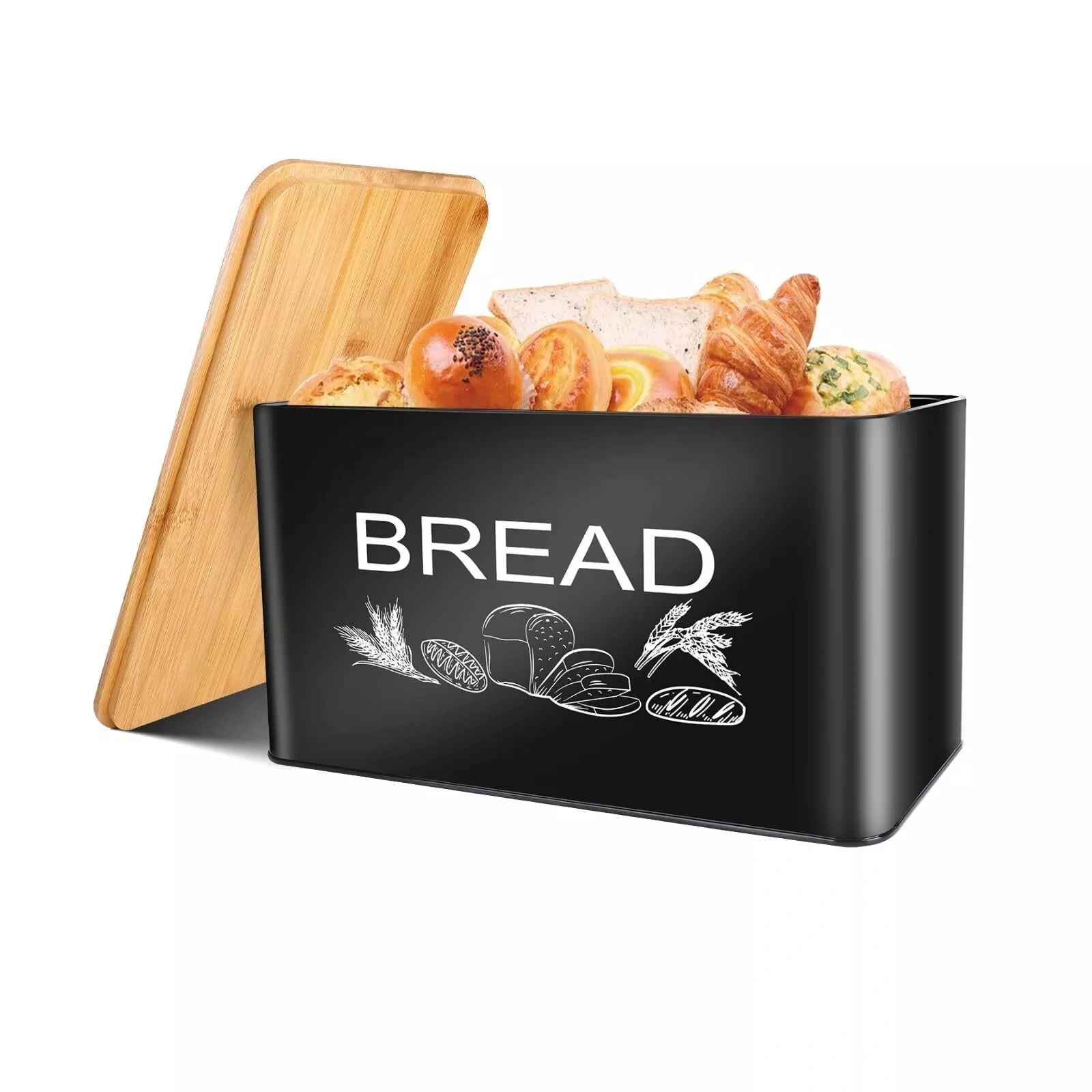 Factory Custom Bread Box Large Kitchen Storage Black Space Saving Vertical Metal Bread Box for Kitchen With Wooden Lid