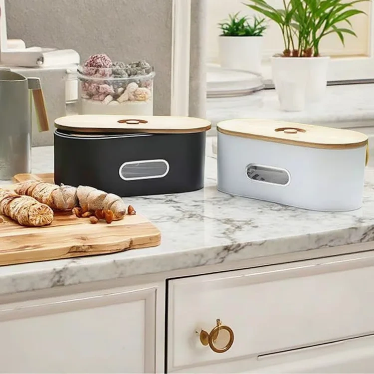 Large Size Bread Boxes for with Bamboo Cutting Board Lid, Rustic Bamboo Bread Bins High Capacity Space Saver for Countertop