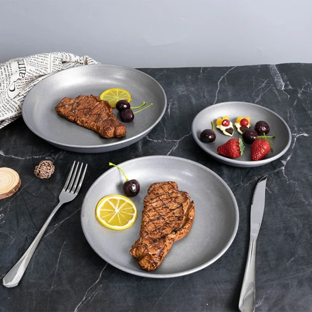 全新特别款不锈钢复古设计盘子碟子套装可定制餐厅餐具银色