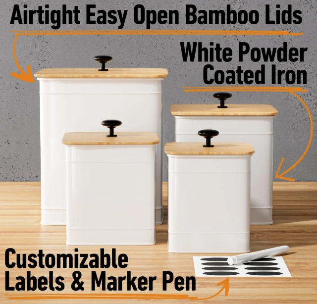 厨房台面用密封罐 4 件套 大铁质厨房密封罐 带密封盖 厨房容器套装