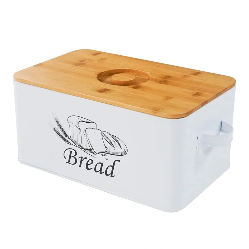 Metal Bread Box Container with Bamboo Wood Cutting Board Lid