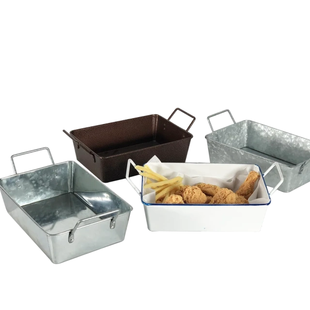 Manufacturer Galvanized Iron Snack Dish 2.5L with Side Handles Restaurant Rectangle Food Tray Metal Fried Chicken Plate