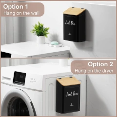壁挂式棉绒盒支架，带盖，适用于烘干机，黑色，带竹盖，金属磁性棉绒桶，适用于洗衣房