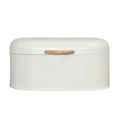 白色金属面包箱储物罐，带前开下拉门，适用于厨房柜台或架子面包盒储物容器