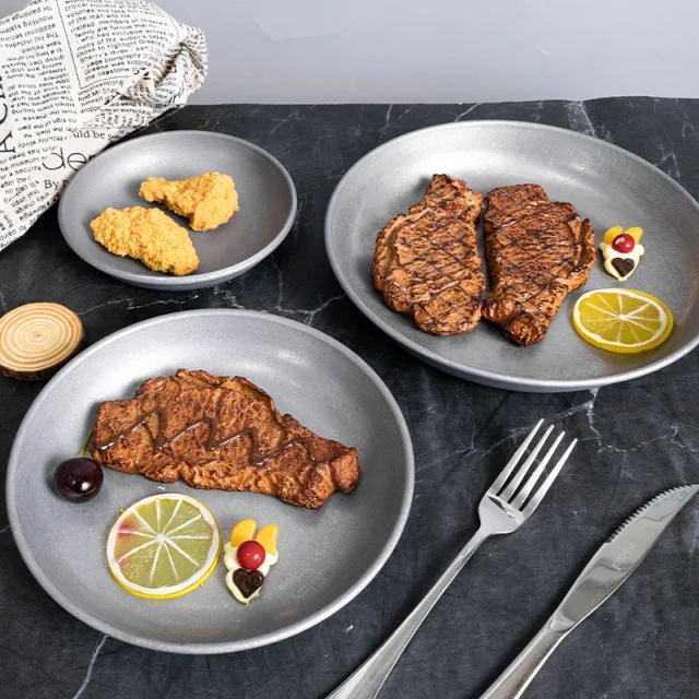 全新特别款不锈钢复古设计盘子碟子套装可定制餐厅餐具银色