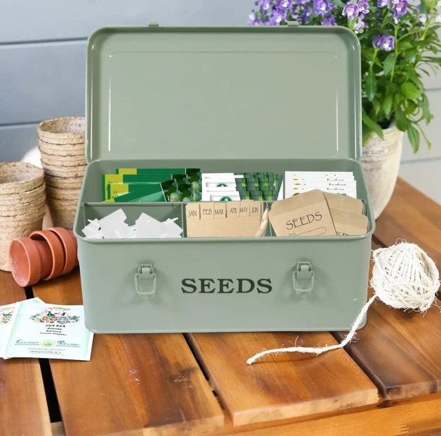 Metal Seed Bin Storage Organizer Box Seed Packet Container with Lid 4 Compartments Garden Seed Bin