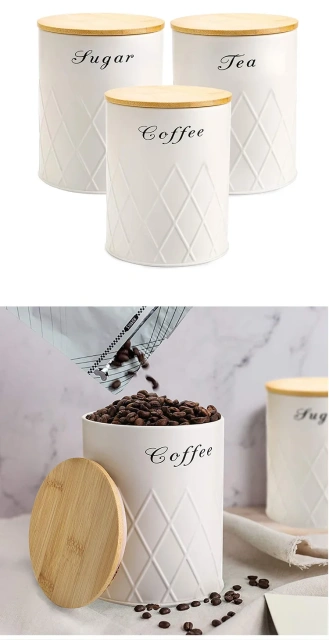 Coffee Tea Sugar Flour Metal Tin Jars Nesting Food Storage Container Set Set of 3 Kitchen Canisters with Airtight Bamboo Lids