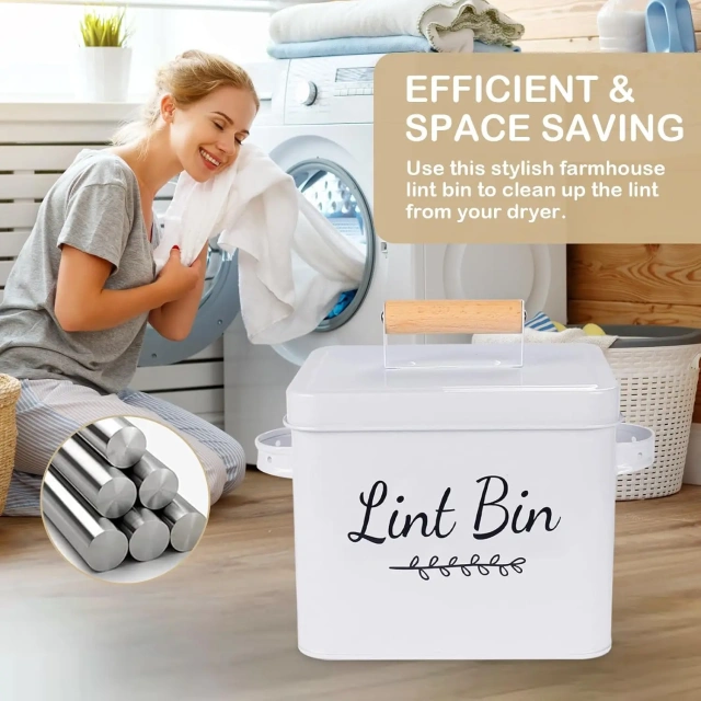 Storage Laundry Trash Can with Lid Lint Holder Bin Farmouse Decor Dryer Lint Container Lint Bin for Laundry Room