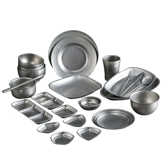 Service Plate Dinnerware Tray Plate & Bowl Set Silver Vintage Party Round Fish Dish for Food Stainless Steel for Events Metal