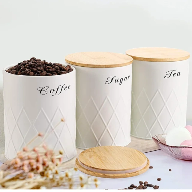 Coffee Tea Sugar Flour Metal Tin Jars Nesting Food Storage Container Set Set of 3 Kitchen Canisters with Airtight Bamboo Lids