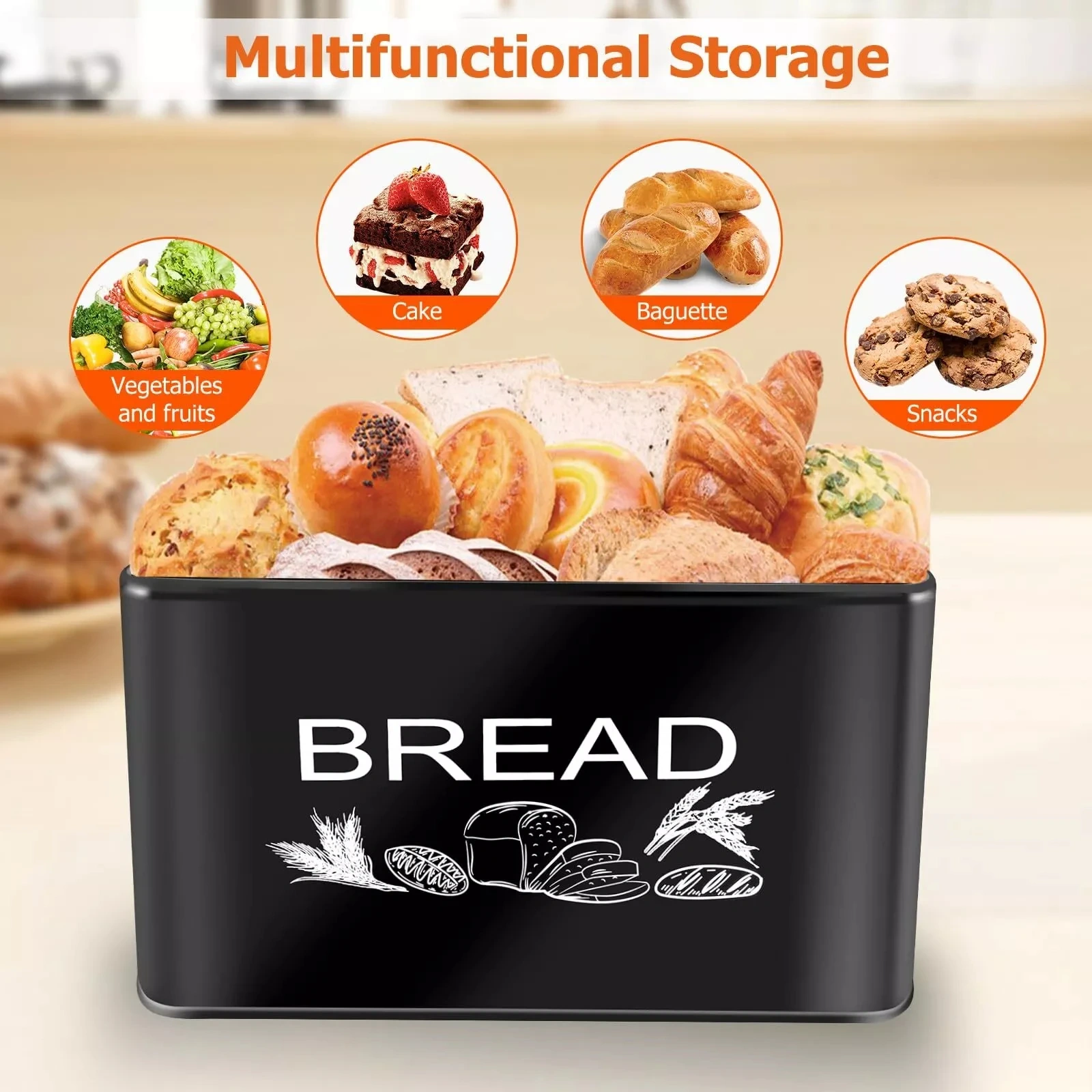Factory Custom Bread Box Large Kitchen Storage Black Space Saving Vertical Metal Bread Box for Kitchen With Wooden Lid
