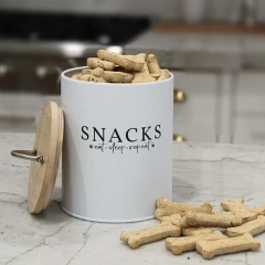 Metal Pet Treat Container Dog Treat Canister White Dog and Cat Treat Container with Easy to Open Bamboo Lid