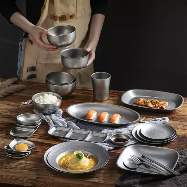 复古304不锈钢餐盘、碗、盘子、雪花西式餐盘、商用野餐桌具