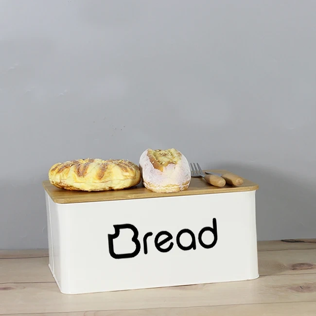 White Bread Bin Storage Box with Bamboo Lid for Kitchen Vintage Retro Design Metal Bread Box