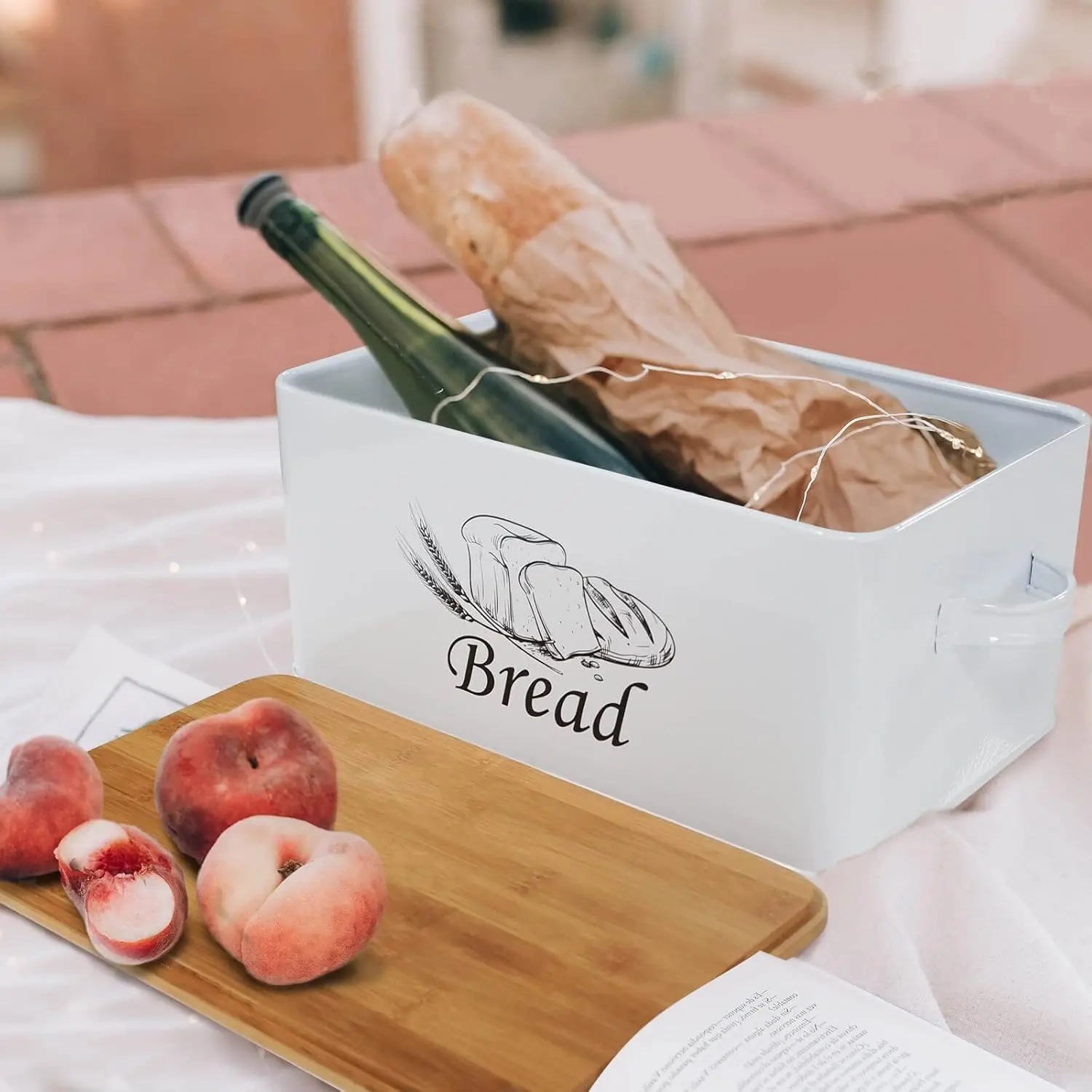 Metal Bread Box Container with Bamboo Wood Cutting Board Lid
