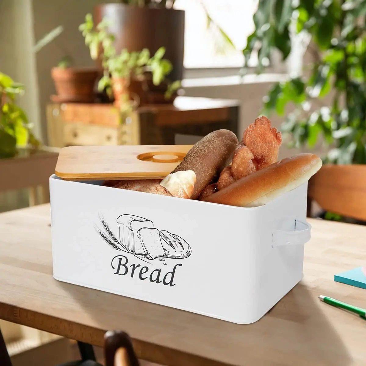 Metal Bread Box Container with Bamboo Wood Cutting Board Lid