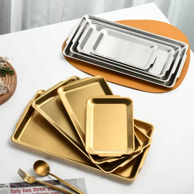 餐盘餐具托盘盘子和碗套装银色复古派对圆形鱼盘用于食物不锈钢适用于活动金属