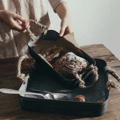 复古金属托盘乡村风格长方形盘子食物面包摄影道具复古铁托盘配麻绳手柄