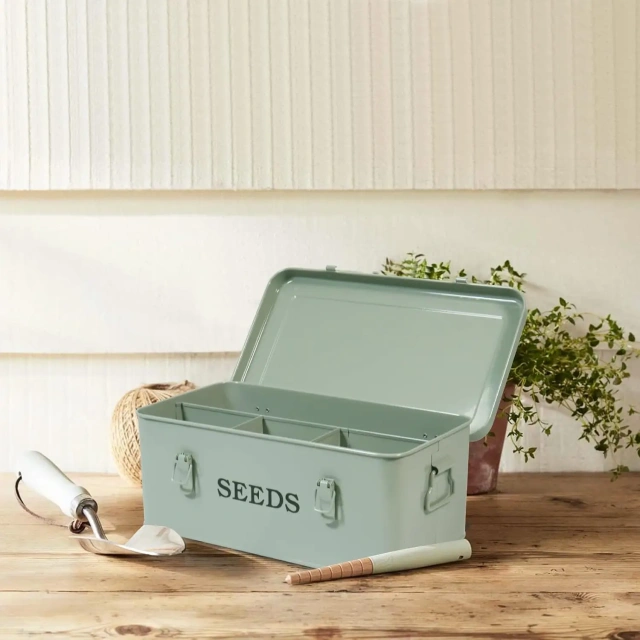 Metal Seed Bin Storage Organizer Box Seed Packet Container with Lid 4 Compartments Garden Seed Bin