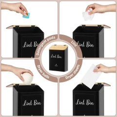 壁挂式棉绒盒支架，带盖，适用于烘干机，黑色，带竹盖，金属磁性棉绒桶，适用于洗衣房