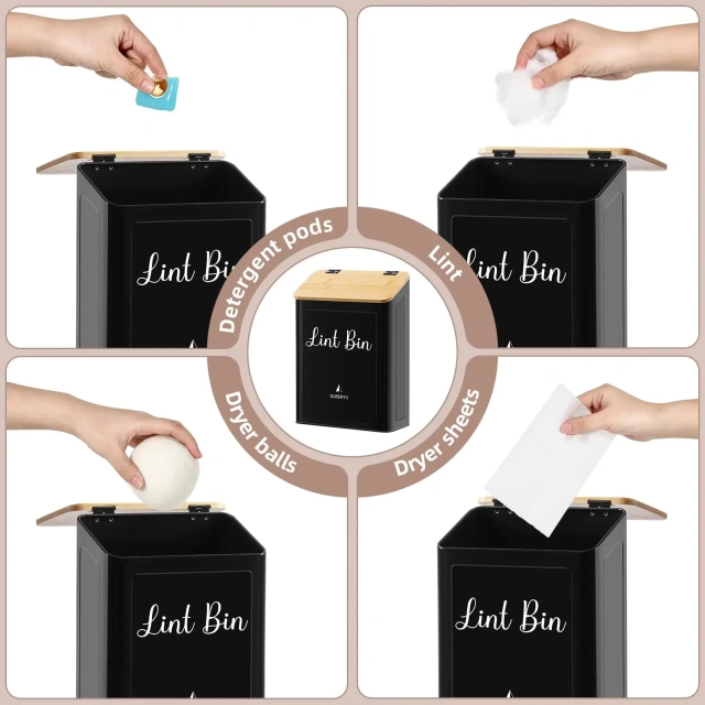 壁挂式棉绒盒支架，带盖，适用于烘干机，黑色，带竹盖，金属磁性棉绒桶，适用于洗衣房