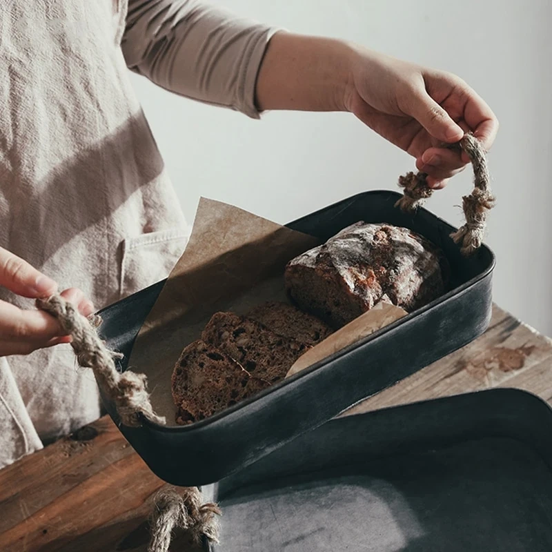 Vintage Metal Trays Country Style Rectangular Square Plate Food Bread Photography Props Retro Iron Tray with Hemp Rope Handle