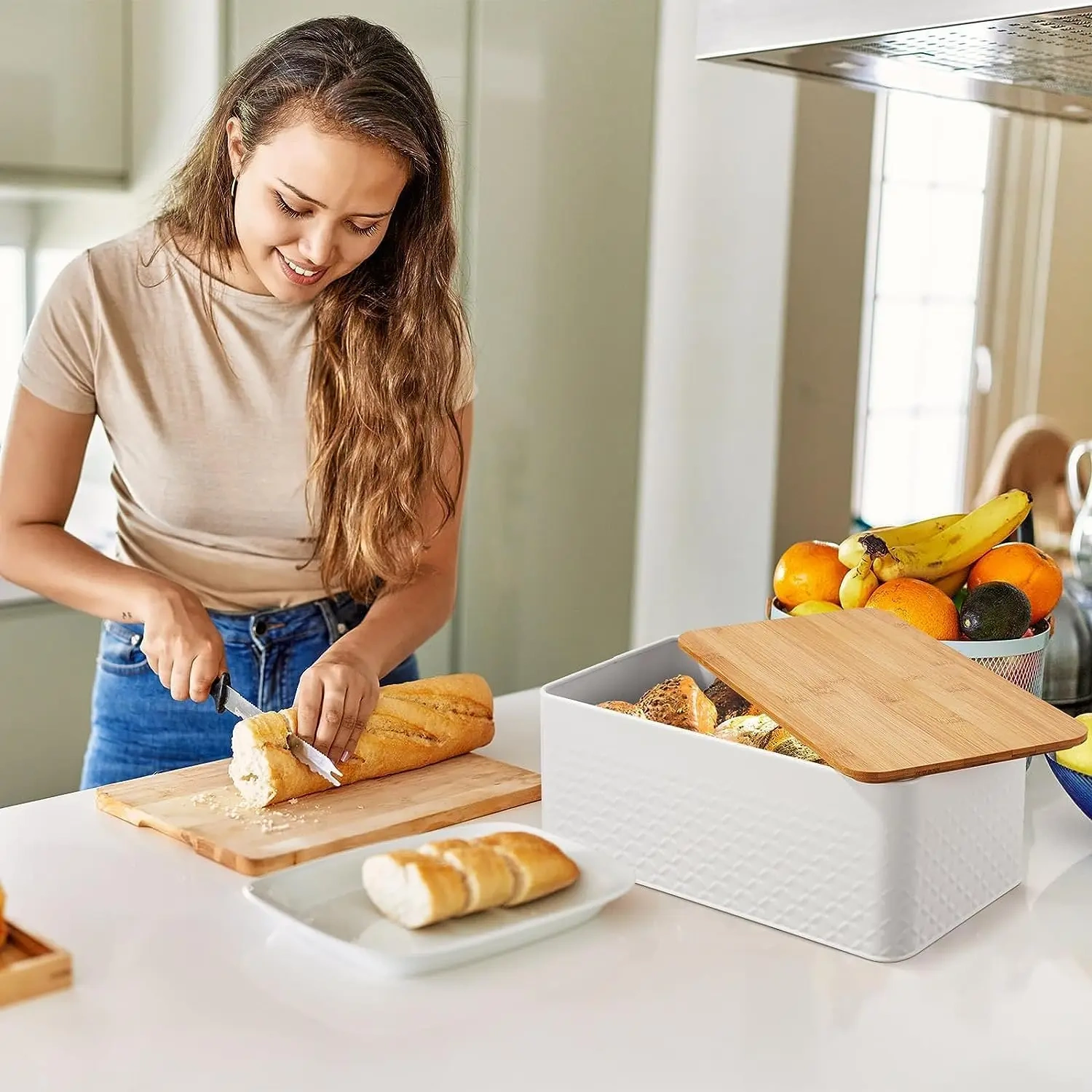 Air Hole Bread Bin with Bamboo Lid Bread Holder Bread Box for Kitchen Countertop Food Storage