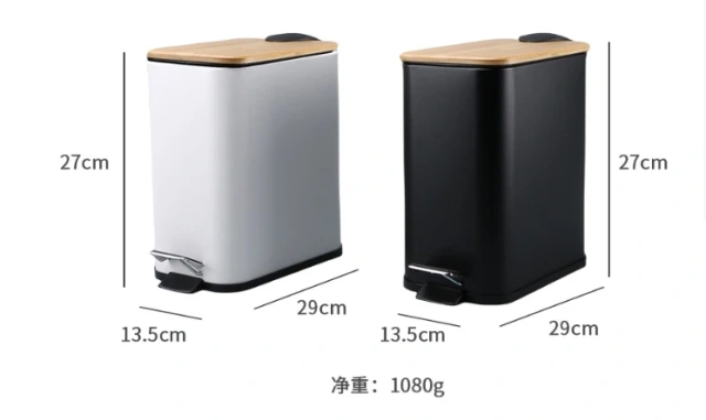 小型矩形垃圾桶，带缓降脚踏板，适用于浴室客厅，金属 5L 垃圾桶，带竹盖