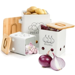 工厂定制金属洋葱大蒜土豆罐套装厨房罐蔬菜保鲜容器带孔和木盖