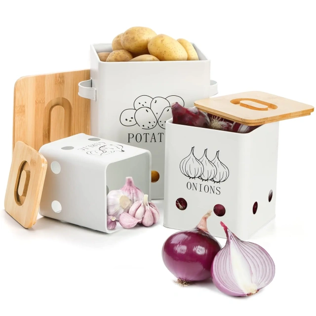 工厂定制金属洋葱大蒜土豆罐套装厨房罐蔬菜保鲜容器带孔和木盖