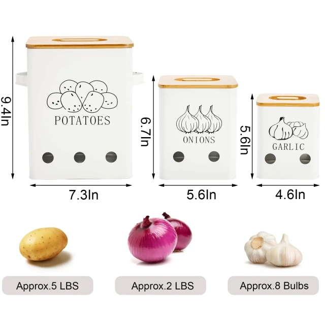 工厂定制金属洋葱大蒜土豆罐套装厨房罐蔬菜保鲜容器带孔和木盖