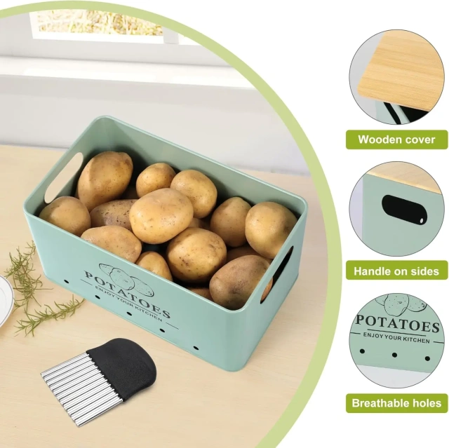 Metal Onion Garlic Potato Storage Set, Kitchen Canisters Vegetable Keeper Containers with Aerating Holes and Wooden Lid