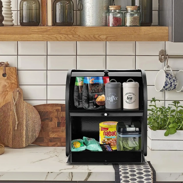 金属面包盒储物箱，带卷顶盖，食物储存双层面包盒