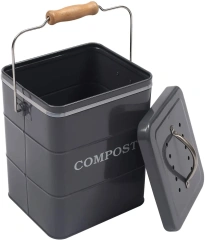Kitchen Garbage Bin with Charcoal Filter Food Waste Bin with Wooden Handle Rectangle Galvanized Iron Metal Compost Bin