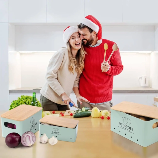 Metal Onion Garlic Potato Storage Set, Kitchen Canisters Vegetable Keeper Containers with Aerating Holes and Wooden Lid