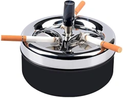Round Push Down Tabletop Cigarette Ashtray with Spinning Tray Cigarette Ashtray Rotating Metal Ashtray Holder for Smokers
