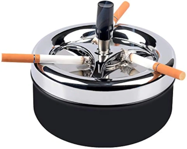 Round Push Down Tabletop Cigarette Ashtray with Spinning Tray Cigarette Ashtray Rotating Metal Ashtray Holder for Smokers