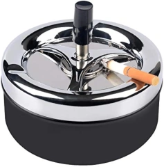 Round Push Down Tabletop Cigarette Ashtray with Spinning Tray Cigarette Ashtray Rotating Metal Ashtray Holder for Smokers