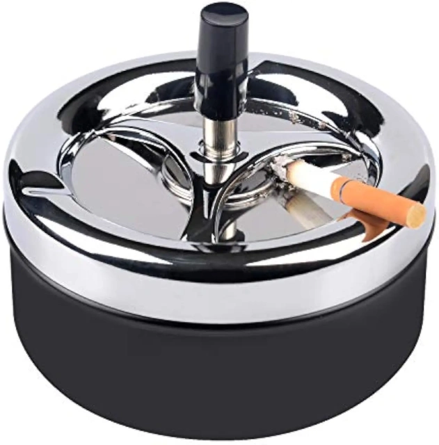 Round Push Down Tabletop Cigarette Ashtray with Spinning Tray Cigarette Ashtray Rotating Metal Ashtray Holder for Smokers