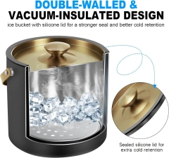 Black Ice Bucket with Lid and Tong Double Walled Ice Cube Bucket for Cocktail Bar Stainless Steel Insulated Ice Buckets