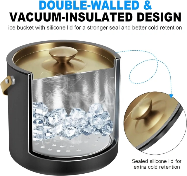 Black Ice Bucket with Lid and Tong Double Walled Ice Cube Bucket for Cocktail Bar Stainless Steel Insulated Ice Buckets