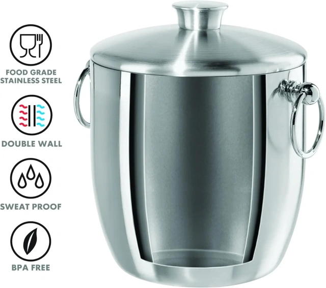 Double-Wall Stainless Steel Insulated Ice Bucket With Lid & Ice Tong