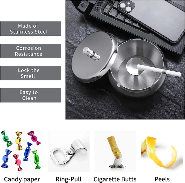 定制不锈钢烟灰缸圆形创意镀彩带盖密封桌面烟灰缸