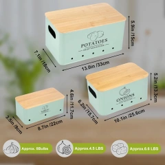 Metal Onion Garlic Potato Storage Set, Kitchen Canisters Vegetable Keeper Containers with Aerating Holes and Wooden Lid