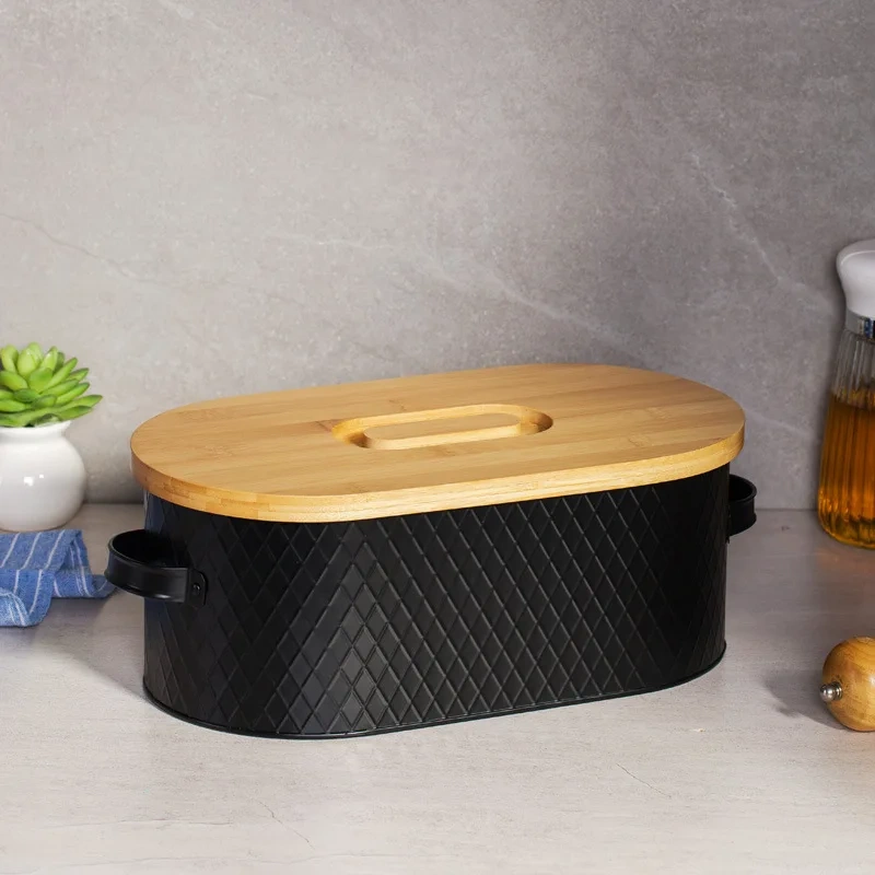 Black Bread Box Farmhouse Bread Box With Wood Lid Vertical Breadbox Bread Storage Bin Holder for Kitchen Countertop