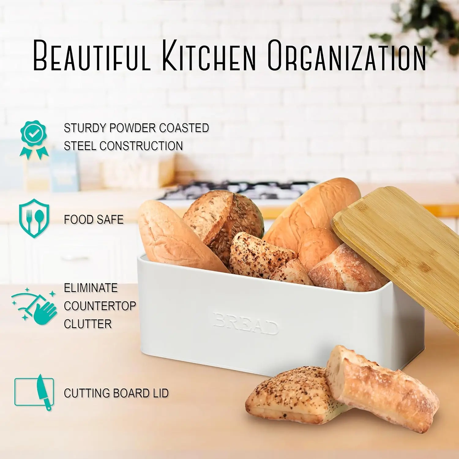 Vintage Bread Bin White Bread Box for Kitchen Countertop Bread Box with Cutting Board Lid
