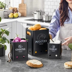 3 Pack Vegetable Storage Tins Metal Onion Garlic Potato Jars Set Kitchen Canisters Vegetable Keeper Containers with Wooden Lid