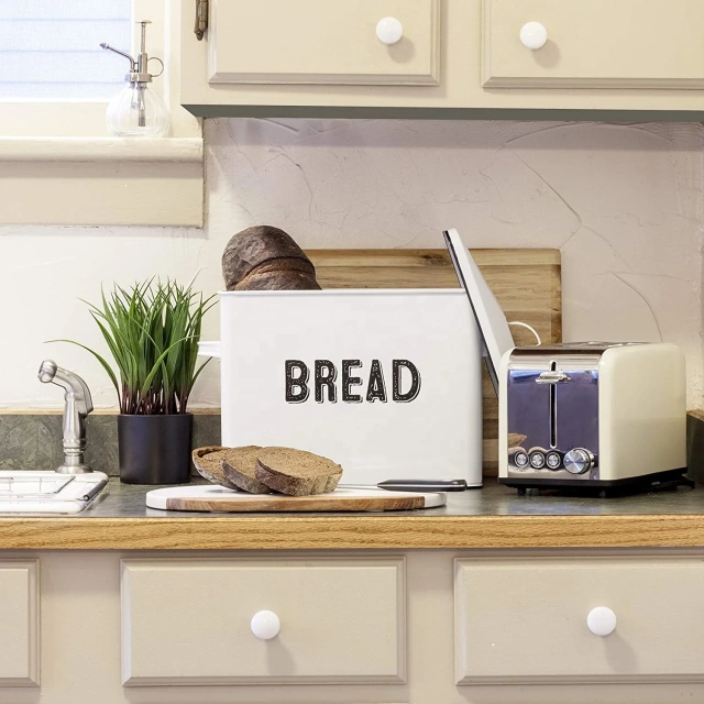 热销厨房台面复古大号金属面包盒白色收藏品金属储物面包盒柜