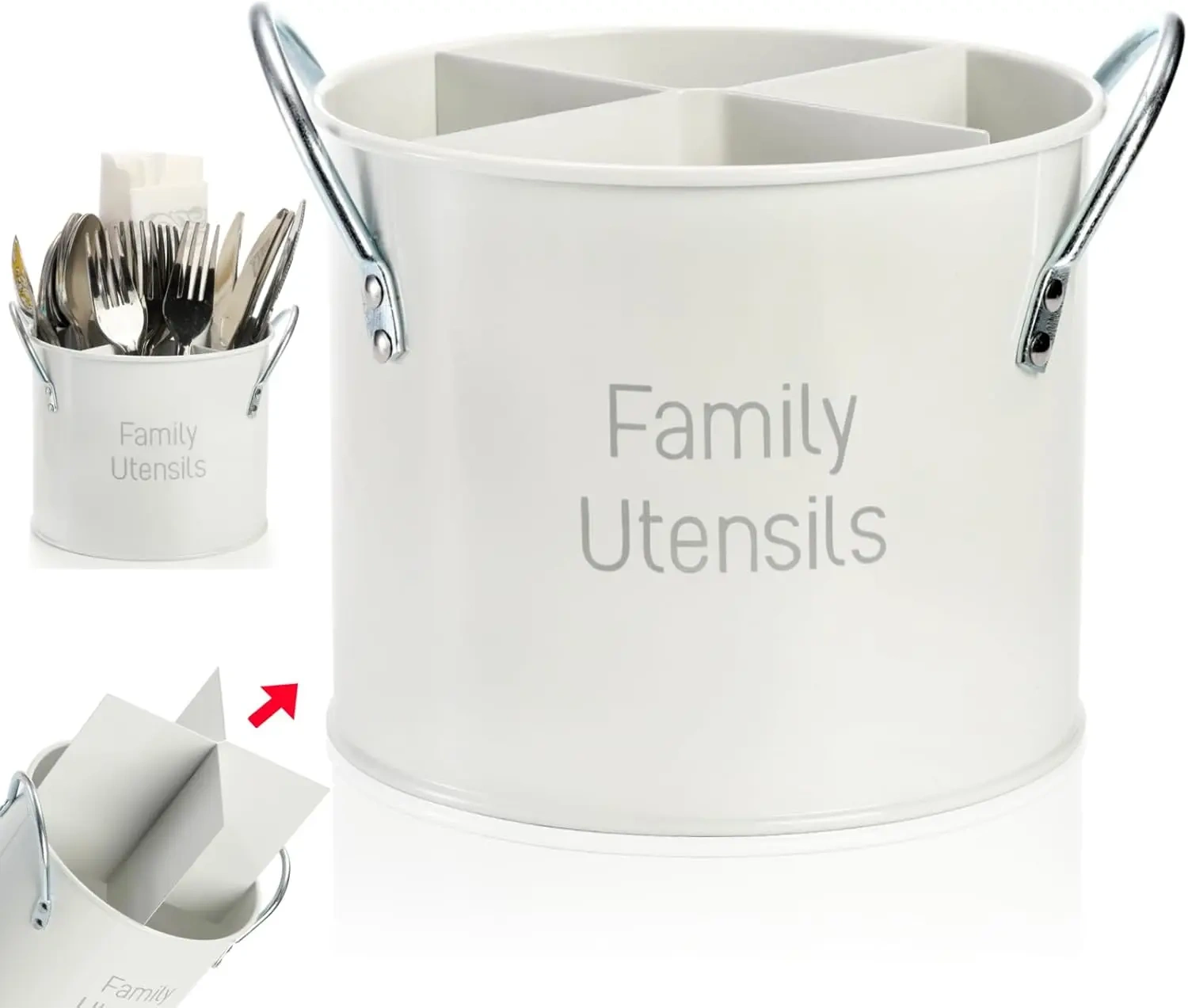 Vintage Utensil Holder 4 Compartment Metal Silverware Rotating Spatula Crock Cooking Utensil Organizer for Spoons Knives Forks
